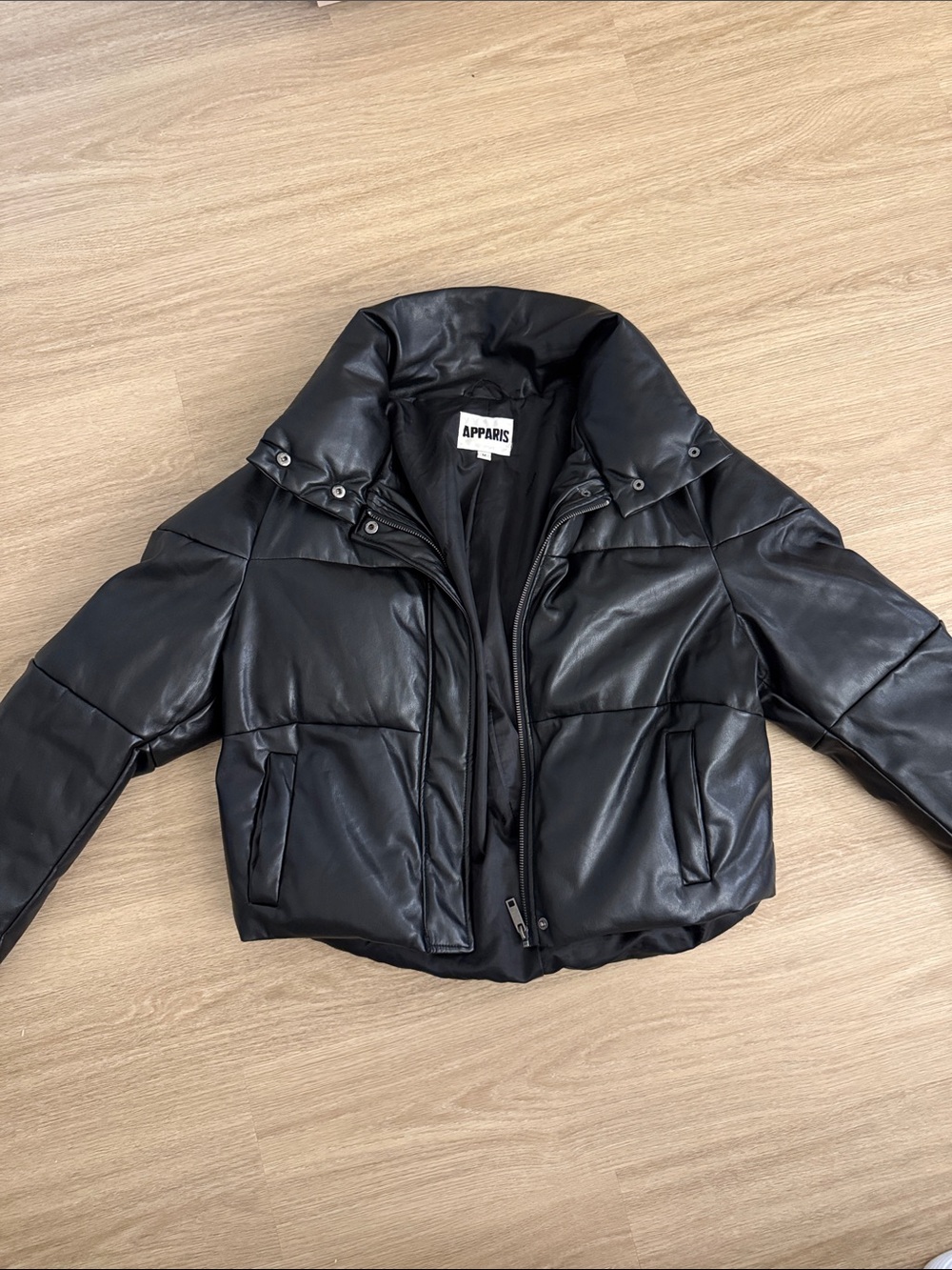 Apparis Black Leather Puffer Jacket